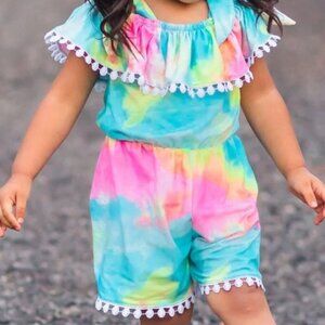 TIE DYE FRINGE OFF SHOULDER RUFFLE ROMPER GUC